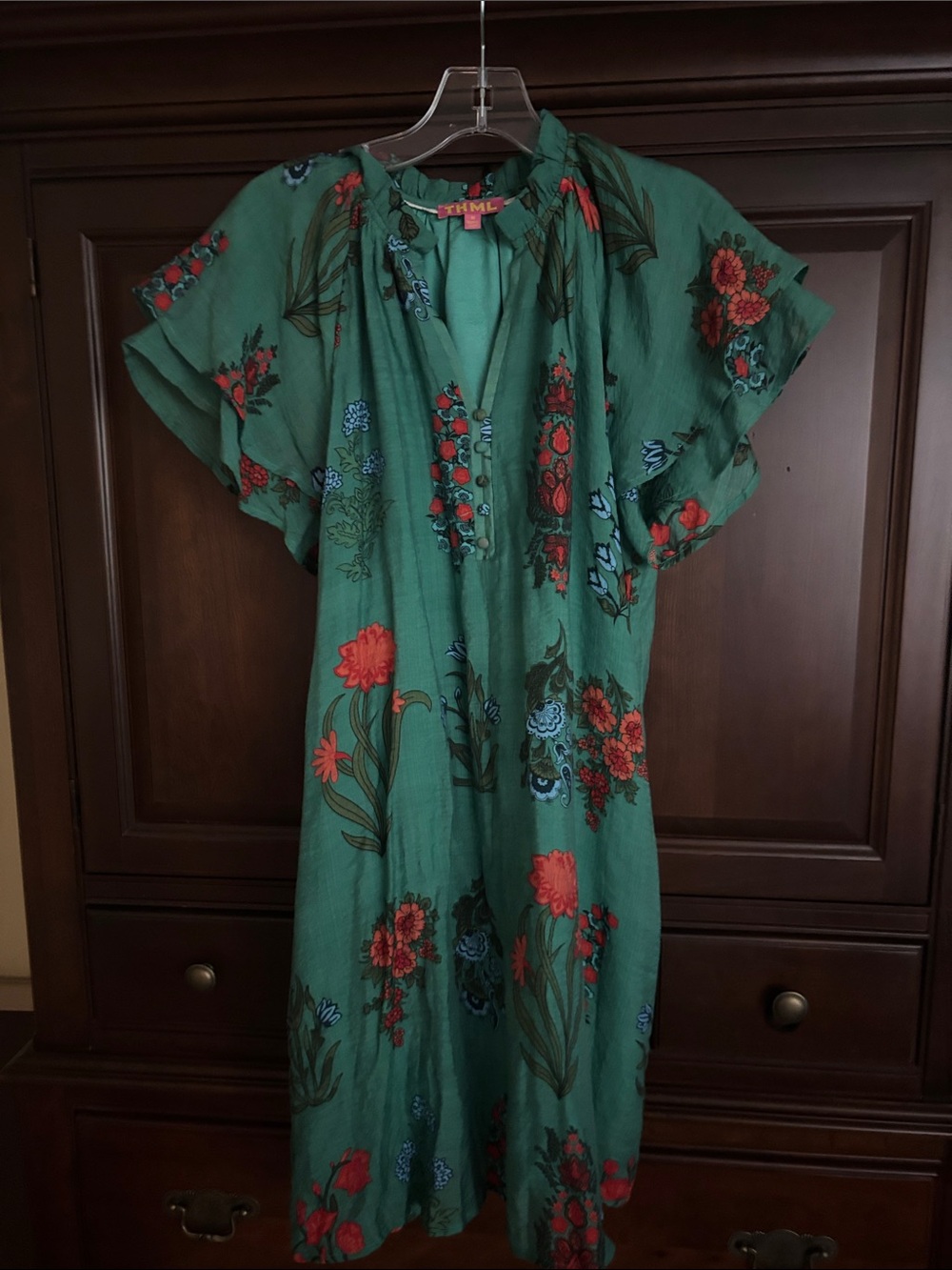 THML Teal Green Floral Midi Dress with Red & Blue Blooms